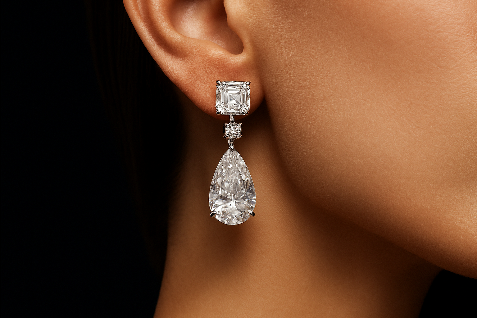 Luxurious diamond teardrop earring worn on a model
