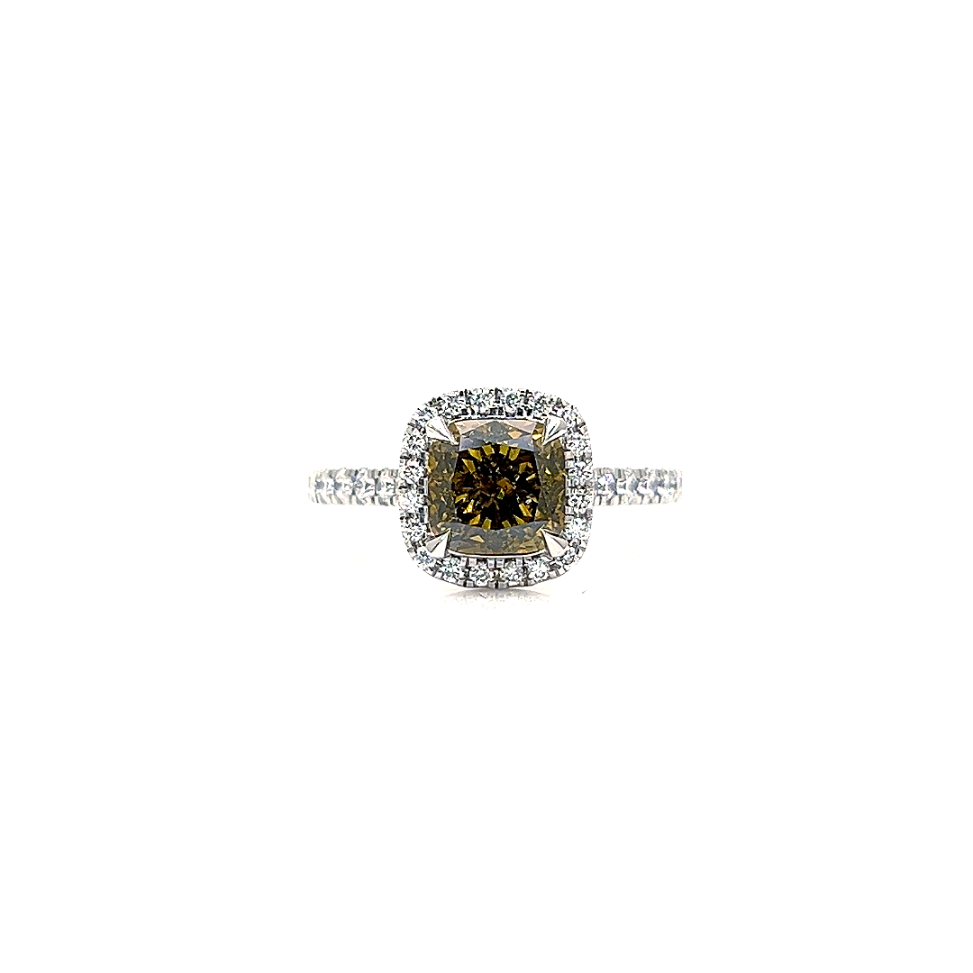 Yellow Cushion Cut Diamond Ring with Halo Setting