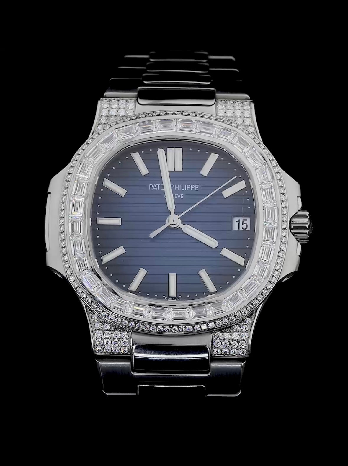 Patek Philippe Nautilus White Gold Baguette Diamond Bezel Luxury Watch – Blue Dial